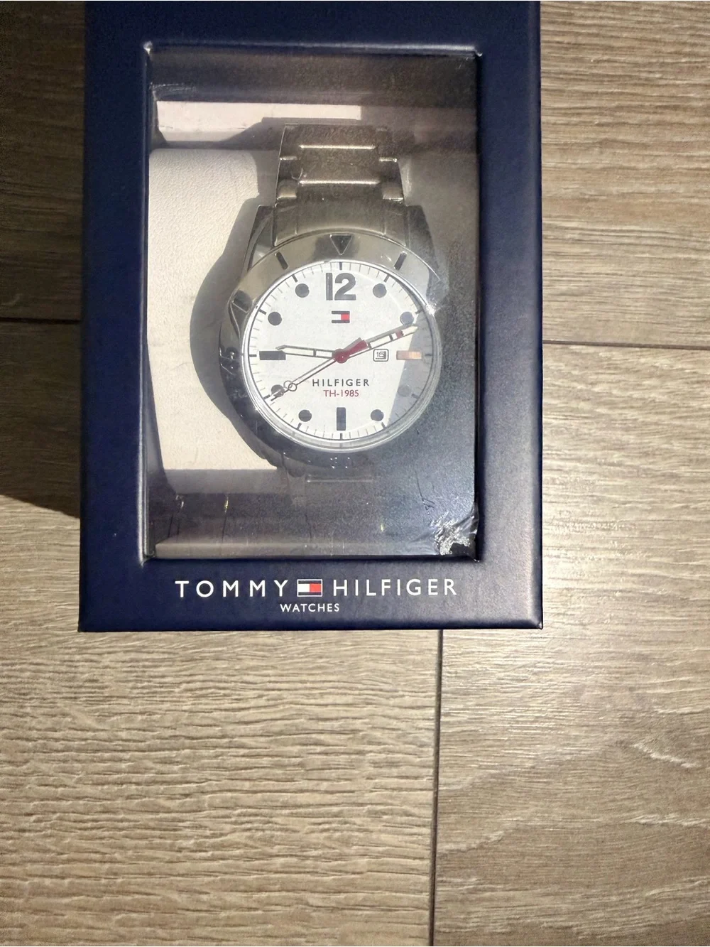 Tommy Hilfiger Silver Stainless Steel Watch with White Dial and Red Accents